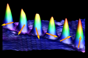 The different shape and appearance of these individual cobalt atoms is caused by the different spin directions. (Image courtesy Saw-Wai Hla, Ohio University)