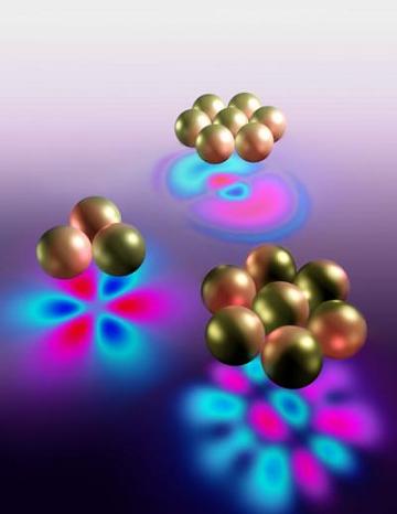 Schematics of two types of optical circuits: the three particle trimer functions as a nanoscale magnet, while the seven particle heptamer exhibits almost no scattering for a narrow range of wavelengths due to interference. Credit: The laboratory of Federico Cappaso, Harvard School of Engineering and Applied Sciences