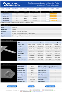 Asylums Probe Store provides easy search/sort, selection, quotation and purchase of hundreds of AFM/SPM Probes. Detailed descriptions, specifications and SEM images are provided for each probe model.