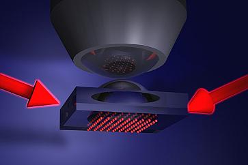 This sketch shows how a quantum gas microscope hones in on individual atoms in the gas.