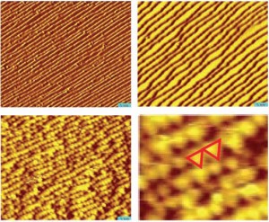 In these STM images of a platinum catalyst, (A) shows the terraced the surface under ultrahigh vacuum, (B) as the surface is covered with carbon monoxide and pressure increases, the terraces widen (C) when coverage is complete and press reaches one torr, the terraces fracture into nanoclusters (D) enlarged view shows triangular shape of the nanoclusters, two of which are marked by red lines.