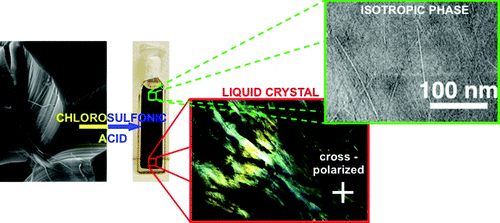 We report that chlorosulfonic acid is a true solvent for a wide range of carbon nanotubes (CNTs), including single-walled (SWNTs), double-walled (DWNTs), multiwalled carbon nanotubes (MWNTs), and CNTs hundreds of micrometers long. The CNTs dissolve as individuals at low concentrations, as determined by cryo-TEM (cryogenic transmission electron microscopy), and form liquid-crystalline phases at high concentrations. The mechanism of dissolution is electrostatic stabilization through reversible protonation of the CNT side walls, as previously established for SWNTs. CNTs with highly defective side walls do not protonate sufficiently and, hence, do not dissolve. The dissolution and liquid-crystallinity of ultralong CNTs are critical advances in the liquid-phase processing of macroscopic CNT-based materials, such as fibers and films.