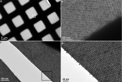 Electron microscopes show the preparation of BNSL membranes on the left, with higher magnification shown on the right. (Credit: University of Pennsylvania)