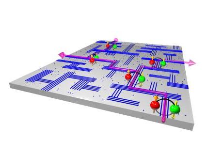 Heat treatment improves the superconductivity of a ceramic copper oxide by creating a fractal network of connected channels of ordered oxygen defects. The green and red spheres represent the paired electrons responsible for superconductivity. Artwork by Manuel Vogtli (LCN).