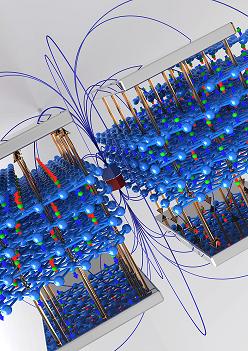 This image is an artistic visualization of the atomic and magnetic moment structure of chromia. The presence of the permanent magnet in the center of the figure, with its magnetic stray-fields acting simultaneously with electric fields on chromia, captures the idea behind spintronics. Promising spintronic device concepts use an electrically controlled interface and surface magnetization. Surfaces of magnetoelectric materials such as chromia show roughness-insensitive, electrically switchable magnetization in the presence of a small symmetry breaking magnetic field opening up exciting prospects for spintronic applications. Credit: Christian Binek, Department of Physics and Astronomy, University of Nebraska-Lincoln