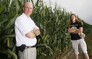 Marshall Porterfield, at left, and Angus Murphy will be able to better understand how the plant hormone auxin regulates plant root growth and seedling establishment with a biosensor developed at Purdue University. (Purdue Agricultural Communication photo/Tom Campbell)