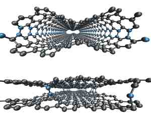 ORNL simulations demonstrate how loops (seen above in blue) between graphene layers can be minimized using electron irradiation (bottom).