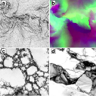 pattern after strain. The bottom two are micrographs taken from a single copper crystal and single aluminum crystal after strain.