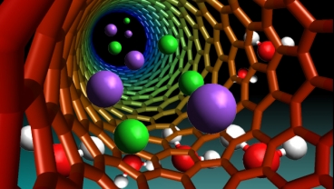 MIT chemical engineers built tiny channels out of carbon nanotubes  hollow tubes whose walls are made of lattices of carbon atoms. Small molecules such as sodium ions and protons can flow through the channels.  Graphic: Patrick Gillooly 