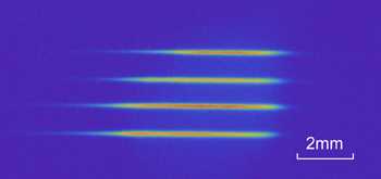 The fluorescence from the four atomic ensembles. These ensembles are the four quantum memories that store an entangled quantum state. Credit: Nature/Caltech/Akihisa Goban