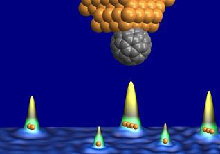 Graphical depiction of a copper tip with a carbon molecule (C60) attached to the end. The molecule is hovering over a metal surface on which there are five contacts which have been constructed atom by atom. Image: Schull