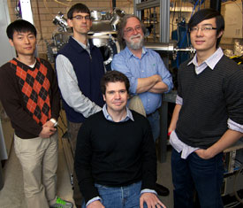 (l to r) Young Il Joe, Peter Abbamonte, Eduardo Fradkin, Yu Gan; (seated) Bruno Uchoa. Photo by Hsin-Mao Wu