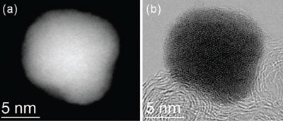 Atomic resolution images of the palladium-cobalt nanoparticle, before platinum deposition. Muller Lab