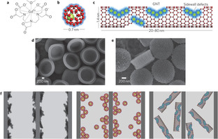 a–c, Schematic showing Magnevist (a), GFs (b) and debundled GNTs (c). d,e, Scanning electron micrographs of quasi-hemispherical (H-SiMP: diameter, 1.6 µm; thickness, ~0.6 µm) (d) and discoidal (D-SiMP: diameter, 1.0 µm; thickness, 0.4 µm). Credit Nature