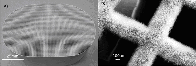 Figure 1: a) SEM cross section image of Nanospring coated cordierite b) SEM image of the Nanospring coated cordierite wall.