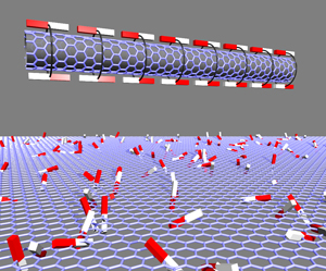 An electron has a magnetic field attached  the so-called
spin. One can imagine that all electrons carry around a little
bar magnet. In flat graphite layers the small bar magnets
point in random directions. By bending the atom thin graphite layer into a tube with a diameter of just a few nanometers the individual electrons are forced to move in simple circles
around the tube and all the spins align in the direction of the
tube. This feature can be used in future nanoelectronics.