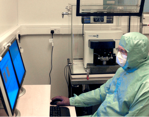 Dr. Andrey Nikolaenko, from the Optoelectronics Research Centre at the University of Southampton, creates a pattern for deposition using NanoInks DPN 5000 System at the universitys new, state of the art Mountbatten Building cleanroom and laboratory complex.  The DPN 5000 System will be particularly important for research on nanophotonics, metamaterials, and optical sensors.
