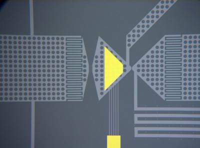 This is an optical microscope image of the microfluidic channel (light pattern) and sensing electrode (gold) of the analyzer. Nanoparticles are suspended in a fluid flow through the channel, and are detected individually as they pass through the sensing volume.

Credit: J.L. Fraikin and A.N. Cleland, UCSB