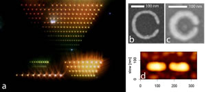 a) dark field microscopy image of gold nanoantennas; b) and c) SEM image of gold split rings antennas; d) AFM image of a gold dipole antenna. [The results were published in the Journal of Nanotechnology (Nanotechnology 20 (2009) 425203)] 