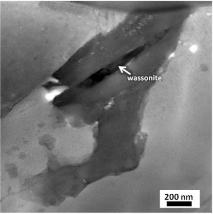 A bright field scanning transmission electron microscope (STEM) micrograph showing a Wassonite grain in dark contrast.