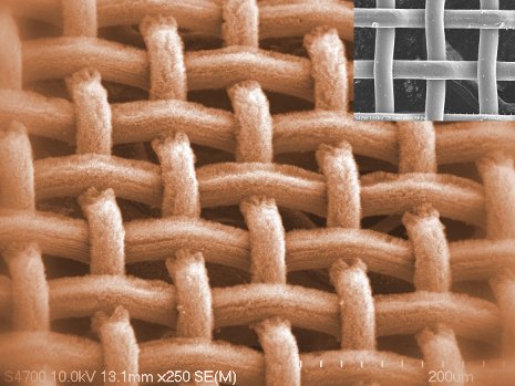 A scanning electron microscopy image of the carbon nanotube-coated filter. For comparison, the inset is bare stainless steel mesh.