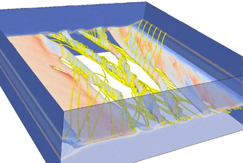 New LANL 3-D model shows the formation of "flux ropes" in a thin boundary layer of a magnetic field. This research seeks to uncover the most fundamental physics of magnetic reconnection, key to a better understanding of Earth's magnetosphere. LANL image.