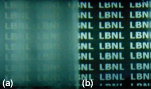 Glass slide placed in a freezer then exposed to humid air at room temperature. Fog formed on the uncoated portion of the slide (a) while portion (b), coated with superhydrophilic nanoparticles, remained fog free.