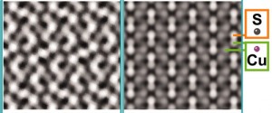 TEAM 0.5 micrographs showing the low-chalcocite (left) and high-chalcocite atomic structures of a copper sulfide nanorod. 