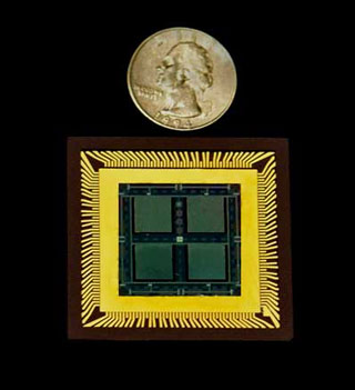 Provided/MicroGen Systems
Prototype chip from MicroGen Systems includes four piezoelectric power sources. The devices can shrink further as circuits require less power.