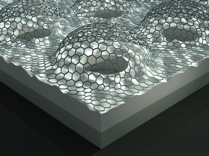 An artist's rendering of an array of pressurized graphene membranes. A CU-Boulder team recently discovered that graphene has surprisingly high adhesion properties, findings that may help lead to the development of new graphene-based mechanical devices like gas separation membranes. (Illustration courtesy Victor Tzen and Rex Tzen.)