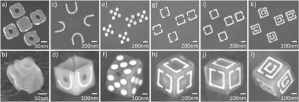 Figure JHU_1: Scanning electron microscopy (SEM) images of the patterns (a-hollow squares; c-alphabet; d-dice-like; e-f-g-SSRs) and folded cubes.