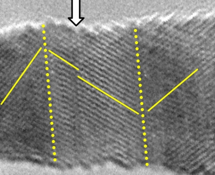 A single crystal nanowire shows evidence of twinning under tensile loading in this electron microscope image. A new study by the Rice University lab of Jun Lou determined that tiny gold wires change their behavior at the nanoscale. (Credit: Lou Lab/Rice University)