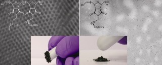 Tew Research Group, UMass Amherst

Figure shows the block copolymer (left) and homopolymer (right) samples. The background of both figures is a transmission electron microscopy image showing that the block copolymer is made of nanoscopic domains visualized as a honeycomb pattern of cobalt-rich cylinders while the homopolymer is unstructured but contains small cobalt particles shown in black. Similar small cobalt particles are present in the block copolymer but they are not easily observed due to the nanoscopic block copolymer super-structure. The chemical structure of both polymers is also shown along with powder samples of the two materials. The block copolymer is attracted to the white magnet bar shown in the photograph while the non-magnetic homopolymer sample has no such attraction.