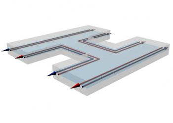 In a topological insulator, electrons travel unimpeded along the edges of the sample, regardless of where they enter or leave it. They travel in a direction perpendicular to the direction of their spin. In this diagram based on a sample of mercury telluride, red arrows correspond to electrons with "spin up," blue, "spin down." An electron injected into one leg of the "H" can end up in the other without bumping into other electrons or defects in the bulk of the material, and hence without any resistance.(Image courtesy Shoucheng Zhang)