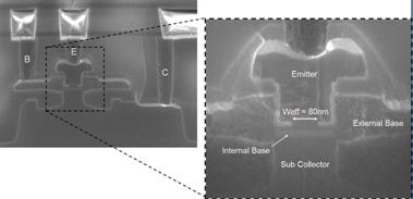 Cross-section of bipolar HBT device in a B-E-B-C configuration after end-of-line processing