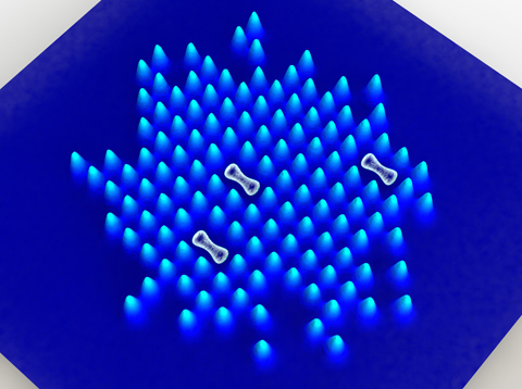 Schematic view of the atom distribution in the optical lattice. Quantum fluctuations (white) are directly visible as neighbouring dark spots.
Credit: Max Planck Institute of Quantum Optics