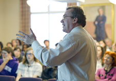 In a lecture last week, Murray Gibson, founding dean of the College of Science, examined the history of nanoscience  and what studying nature means for its future. Photo by Mary Knox Merrill.