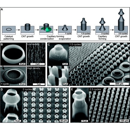 Figure CNT microstructures: Fabrication of cylindrical CNT microbellows by iteration of growth and capillary forming: (A) schematic illustration of the iterative process; (B) SEM images of a cylindrical CNT microstructure before and after capillary forming (1 cycle), with close-up images emphasizing the densification of aligned CNTs; (CE) SEM images of microstructures after consecutive growth, forming, and growth cycles, reaching 2.5 cycles in image E.