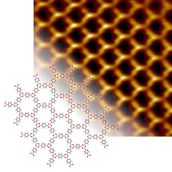 Scanning electron microscopy image with a superimposed molecular model (photo: TUM)