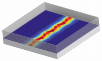 Wires just one atom tall have been created by inserting a string of phosphorus atoms in a silicon crystal by a team of researchers from the Univeristy of New South Wales, Melbourne Univeristy and Purdue University. This image from a computational simulation run of the wires shows electron density as electrons flow from left to right. The wires are 20 times smaller than the smallest wires now available and measure just four atoms wide by one phosphorus atom tall. (Purdue University image/Sunhee Lee, Hoon Ryu and Gerhard Klimeck) 