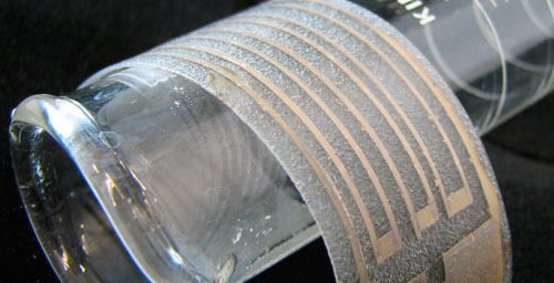Photo by
S. Brett Walker

Reactive silver ink is airbrushed onto a thin, stretchy plastic film to make a flexible silver electrode.