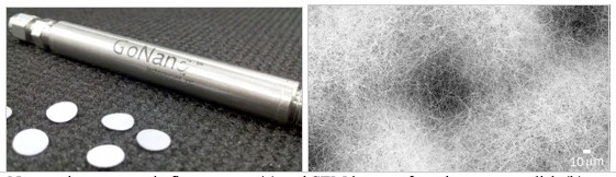 Nanospring enzymatic flow reactor (a) and SEM image of catalyst support disk (b). 