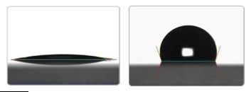 8μl water drop on glass slide (picture on the left) and the same water drop on a Pico-GlideTM treated glass slide (picture on the right)
