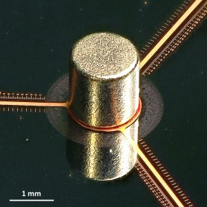 Image shows an assembled magnetically actuated peel test (MAPT) specimen being prepared for analysis at the Georgia Institute of Technology. The silver cylinder in the center is the permanent magnet. (Image courtesy of Greg Ostrowicki and Suresh Sitaraman)