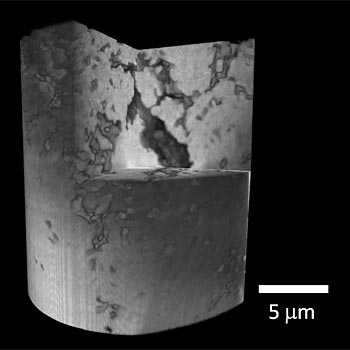 This 3D reconstruction of a lithium-ion battery electrode, composed of 1,441 individual images captured and aligned by the TXM, reveals nano-scale structural details to help guide future energy research.