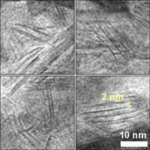 This magnified image from a transmission electron microscope reveals details of the unexpected nanosheet structure of the nickel-molybdenum-nitride catalyst, seen here as dark, straight lines.