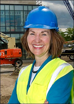 Esther Takeuchi, Brookhaven Labs new Chief Scientist for the Global and Regional Solutions directorate, visits the construction site of the Interdisciplinary Sciences Building, where she will lead efforts in advanced energy research.