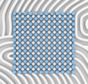 An artist's representation of the structures produced by this self-assembly method shows a top-down view, with the posts produced by electron-beam lithography shown in blue, and the resulting self-assembled shapes shown in white.
Image: Yan Liang