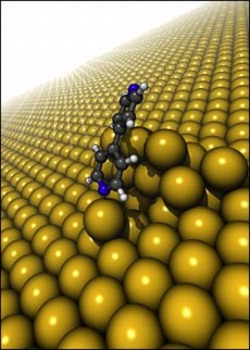 This model structure illustrates the bonding of bipyridine to the rough gold surface through direct nitrogen-gold chemical bonding and indirect van der Waals bonding.