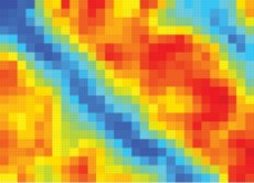 An image (made with Raman spectroscopy) of a graphene layer on top of a patterned substrate shows the difference in chemical reactivity of the side opposite the substrate. The wide red stripe is an area over a silicon dioxide substrate, making the top surface of the graphene highly reactive. The narrow blue stripe is graphene over a layer of hydrocarbon (called OTS), and there is almost no reactivity on the side not in contact with the substrate.
Image courtesy Wang et al, from Nature Chemistry